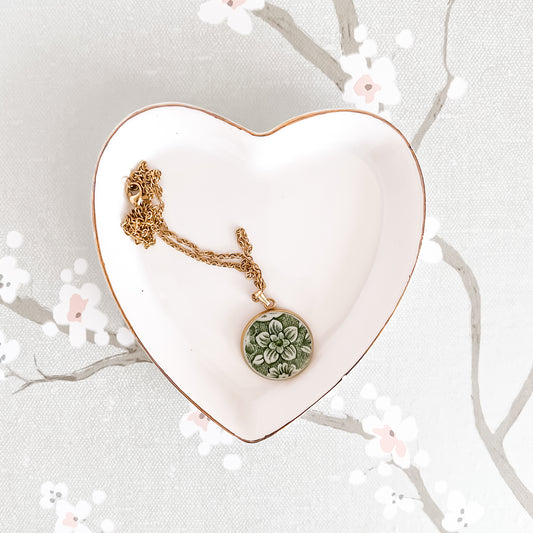 Green Floral Transferware Necklace