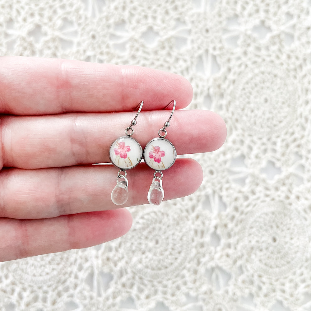 Pink Campion Flower Drop Earrings • Roslyn China