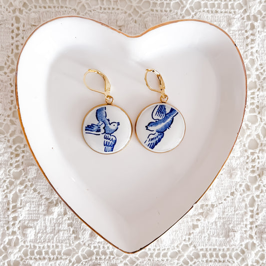 Blue Willow Love Birds Earrings