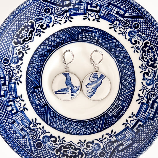 Blue Willow Love Birds Earrings